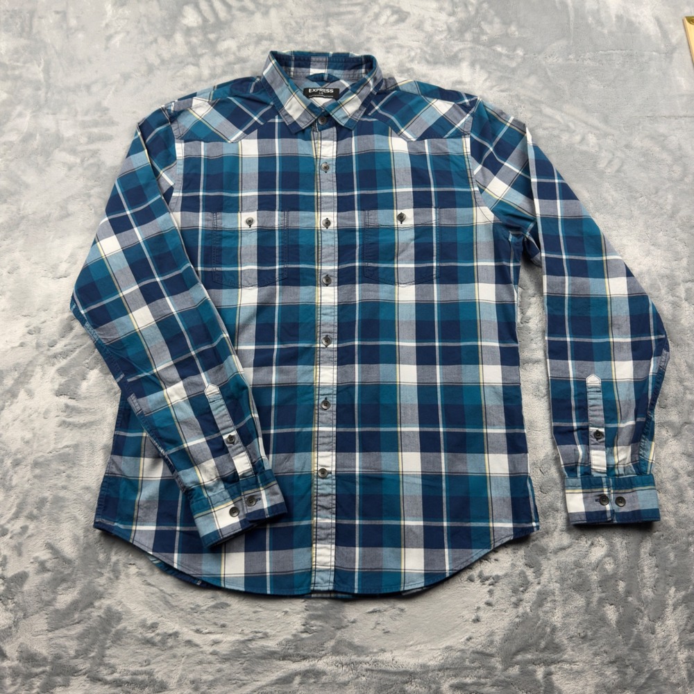 Express Mens Blue Plaid Long Sleeve Western Button Down Shirt Large Cotton